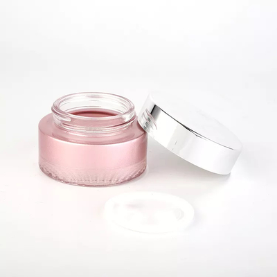 Pink Color Painting Glass Cosmetic Jar 50g Silver Screw Up Cap For Skin Care Cream