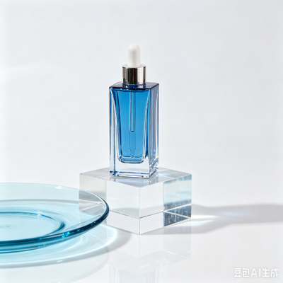 Flacone contagocce in vetro trasparente blu, flacone per imballaggio di siero cosmetico con base spessa e quadrata con contagocce in gomma bianca