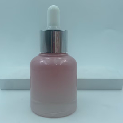Bottiglia di vetro rosa riciclabile 2025 per flaconi contagocce per oli con collare argentato, lusso all'ingrosso 30ml