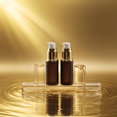 Bottiglia di lozione di vetro 15ml Serum rosso scuro Bottiglia con lucente oro / argento pompa Lozione per gli occhi Bottiglia pompa bottiglia cosmetica OEM