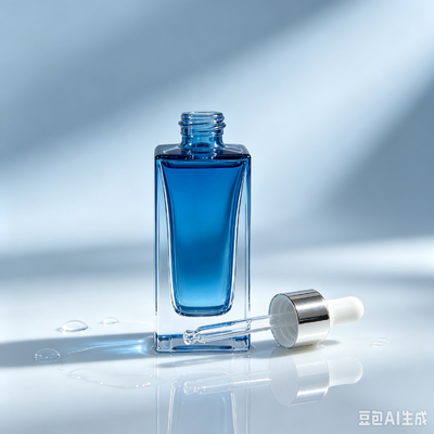 Flacone contagocce in vetro trasparente blu, flacone per imballaggio di siero cosmetico con base spessa e quadrata con contagocce in gomma bianca