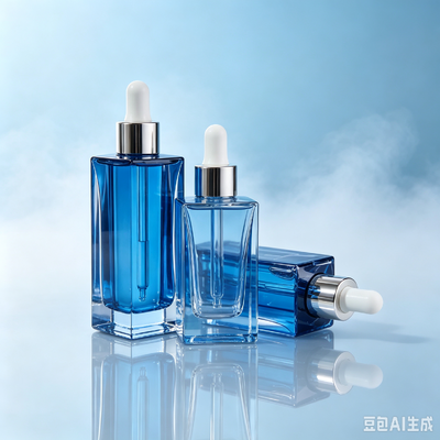 Flacone contagocce in vetro trasparente blu, flacone per imballaggio di siero cosmetico con base spessa e quadrata con contagocce in gomma bianca