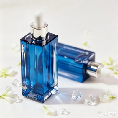 Flacone contagocce in vetro trasparente blu, flacone per imballaggio di siero cosmetico con base spessa e quadrata con contagocce in gomma bianca