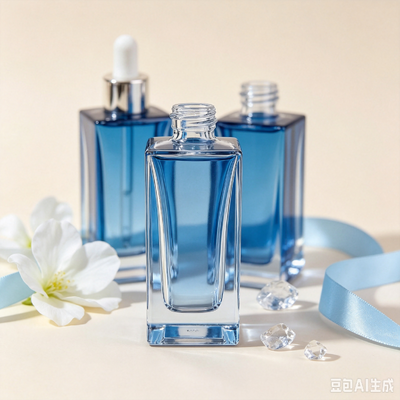 Flacone contagocce in vetro trasparente blu, flacone per imballaggio di siero cosmetico con base spessa e quadrata con contagocce in gomma bianca