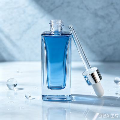 Flacone contagocce in vetro trasparente blu, flacone per imballaggio di siero cosmetico con base spessa e quadrata con contagocce in gomma bianca