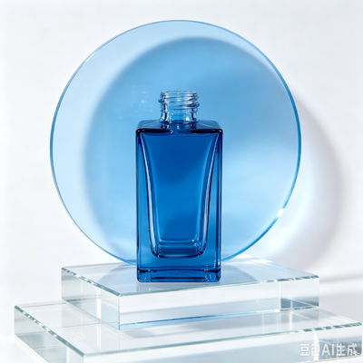 Flacone contagocce in vetro trasparente blu, flacone per imballaggio di siero cosmetico con base spessa e quadrata con contagocce in gomma bianca