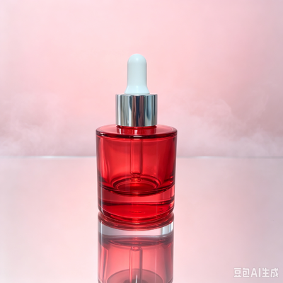 Flacone contagocce in vetro trasparente rosso, flacone per imballaggio di siero cosmetico o olio con base spessa e contagocce in gomma bianca