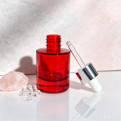 Flacone contagocce in vetro trasparente rosso, flacone per imballaggio di siero cosmetico o olio con base spessa e contagocce in gomma bianca
