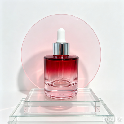 Flacone contagocce in vetro trasparente rosso, flacone per imballaggio di siero cosmetico o olio con base spessa e contagocce in gomma bianca