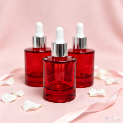Flacone contagocce in vetro trasparente rosso, flacone per imballaggio di siero cosmetico o olio con base spessa e contagocce in gomma bianca