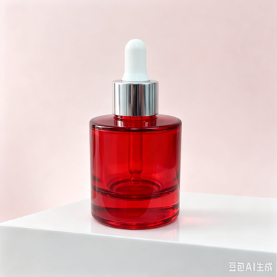 Flacone contagocce in vetro trasparente rosso, flacone per imballaggio di siero cosmetico o olio con base spessa e contagocce in gomma bianca